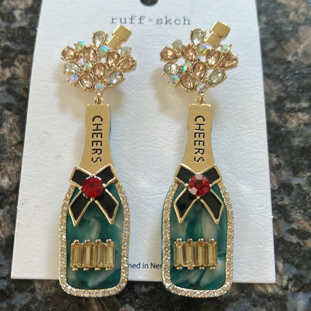 RUFF-SKCH CHAMPAGNE BOTTLE ROSE PIERCED DROP DANGLE EARRINGS NWT